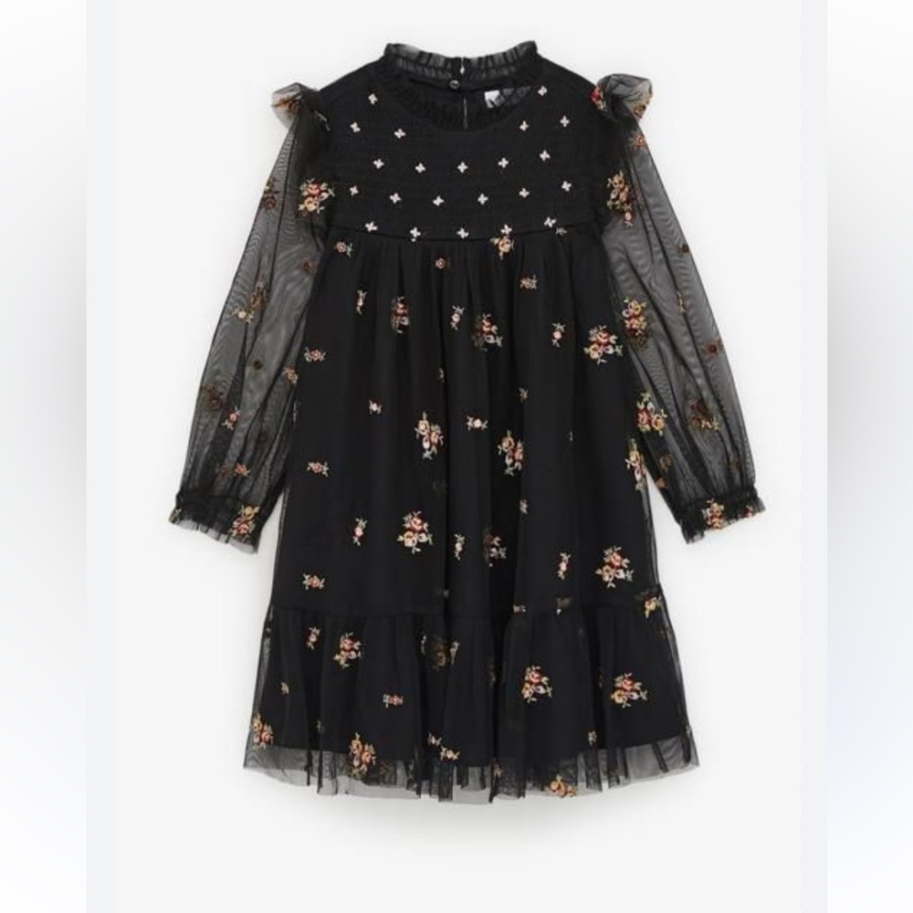 ZARA Girl's Black Tulle Embroidered Dress Floral Size 9